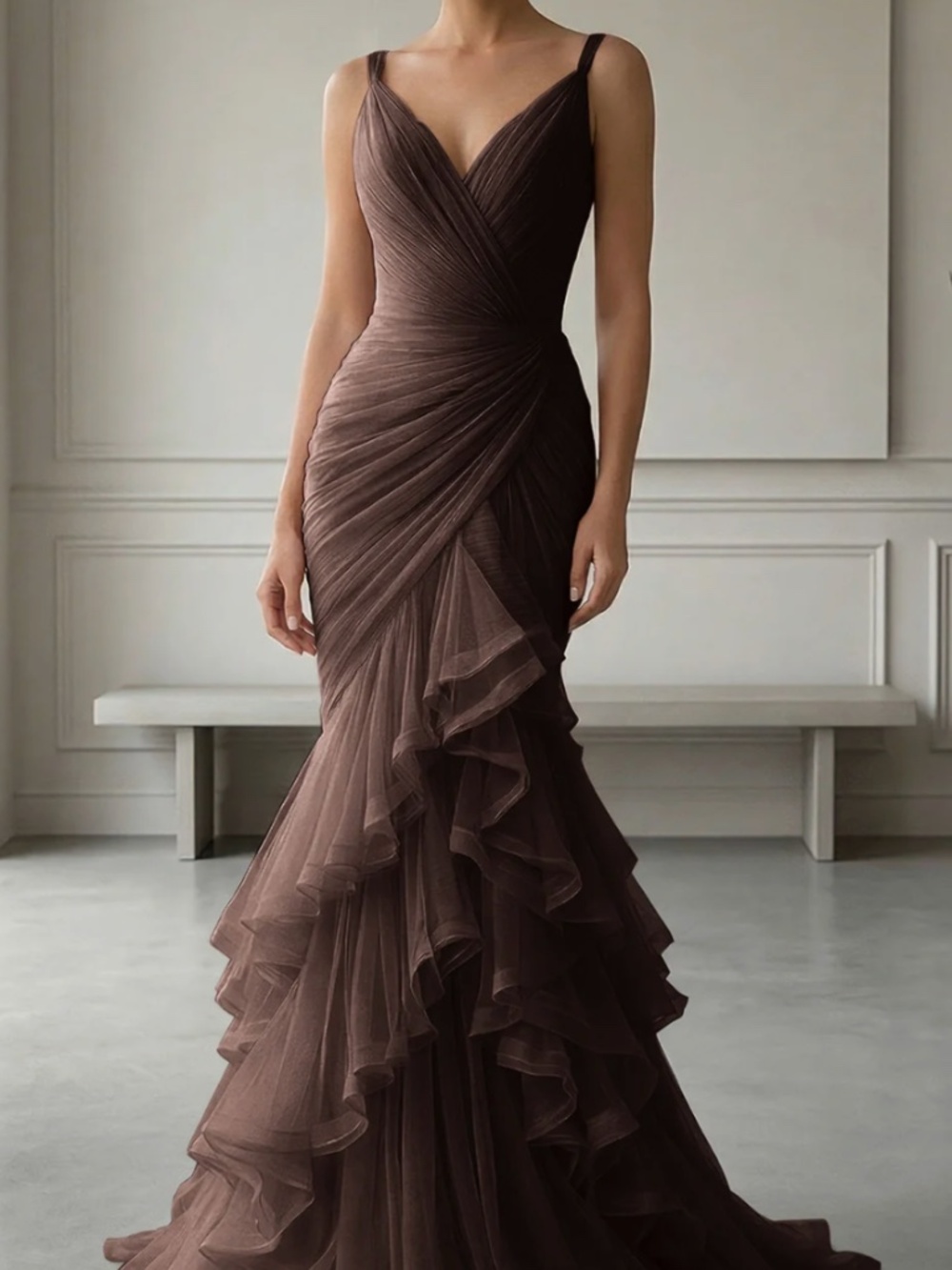 Elegant V-Neck Chocolate Brown Ruffled Tulle Wedding Dress